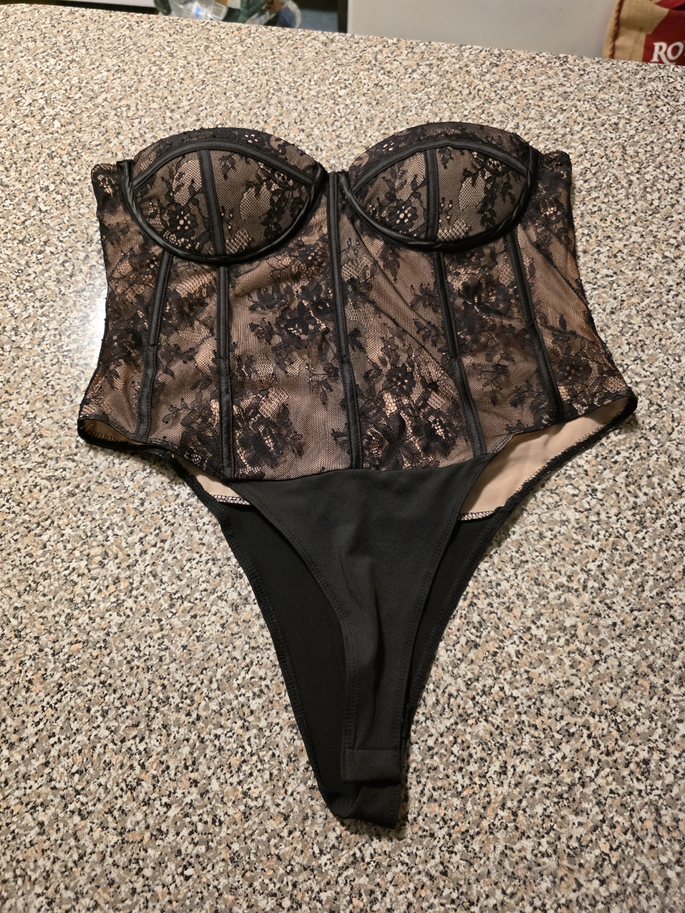Fashion Nova Black Lace Bustier Thong Bodysuit